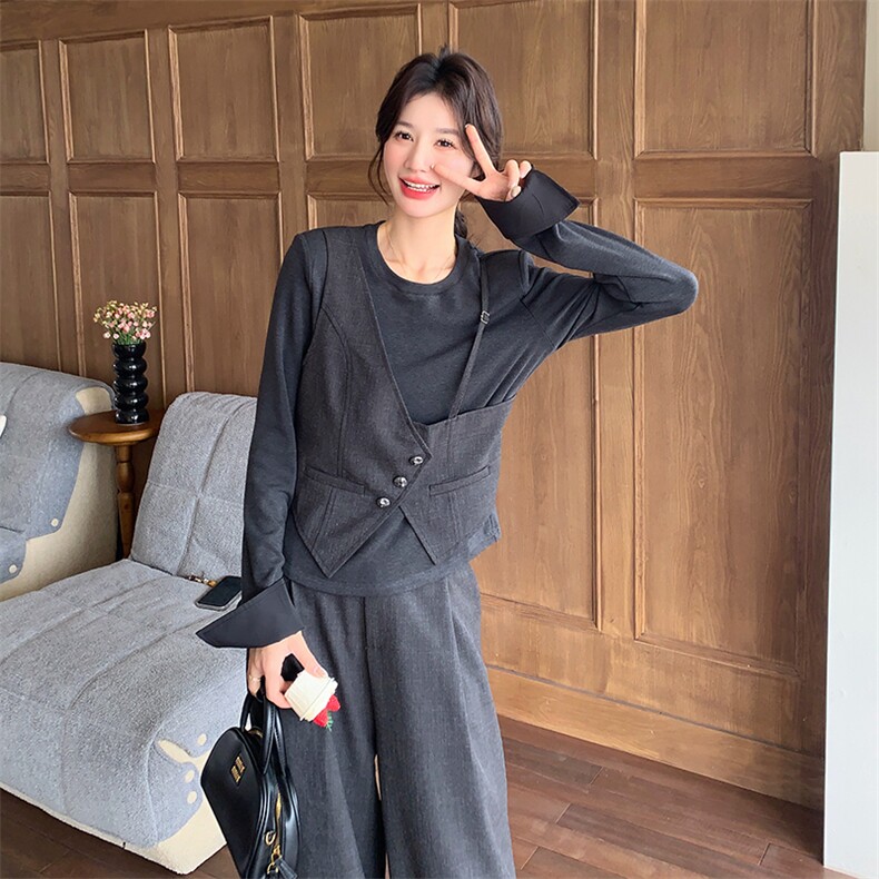 【设计感】针织假两件上衣+阔腿裤两件套2C277-6622-P145-K208,女装套装/套裙,2C277