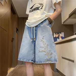 抖音品质新中式风刺绣宽松水洗牛仔短裤B315-K24122-P45控58图片