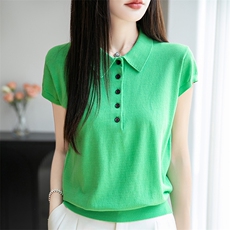 经典翻领扣子POLO衫小飞袖T恤女2025夏季新款气质复古针织短袖t恤，女装针织衫/毛衣，佰旭羊绒