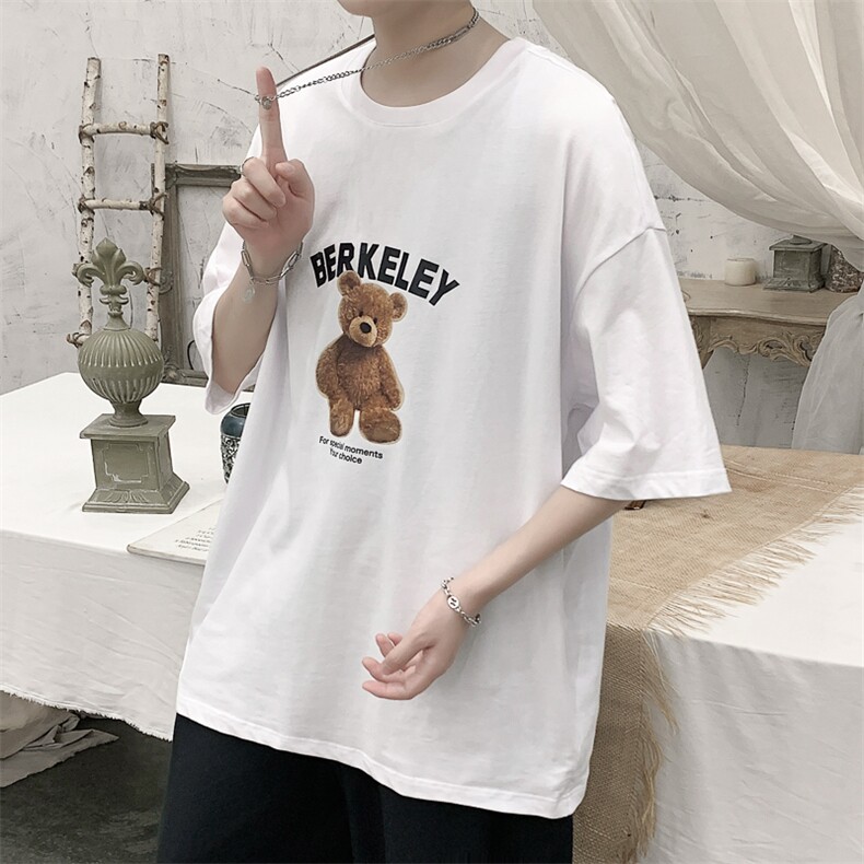 韩系简约小熊印花短袖T恤港风大码宽松男潮517A-1-T915-P28控38图片