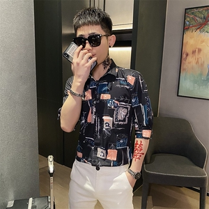 312A-107-P55 新款社会小伙中袖衬衫韩版潮流男士五分袖衬衣A图片
