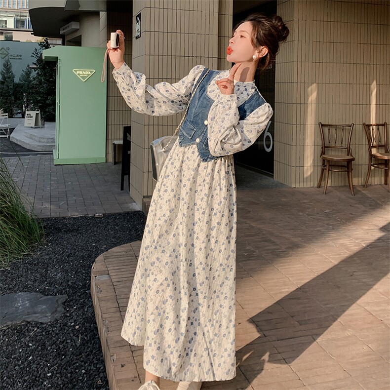 春季新款碎花牛仔拼接泡泡袖长连衣裙,女装连衣裙,来米儿