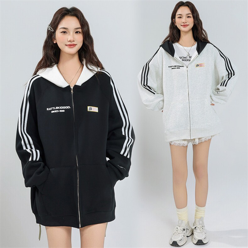 A486-P85春秋新款拼接三条杠连帽卫衣男女拉链棒球服夹克外套，男装夹克，星座911