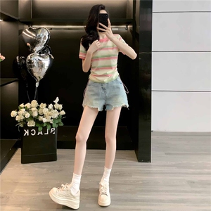 女夏季新款韩版运动休闲套装修身显瘦圆领条纹短袖牛仔短裤两件套,女装套装/套裙,江南