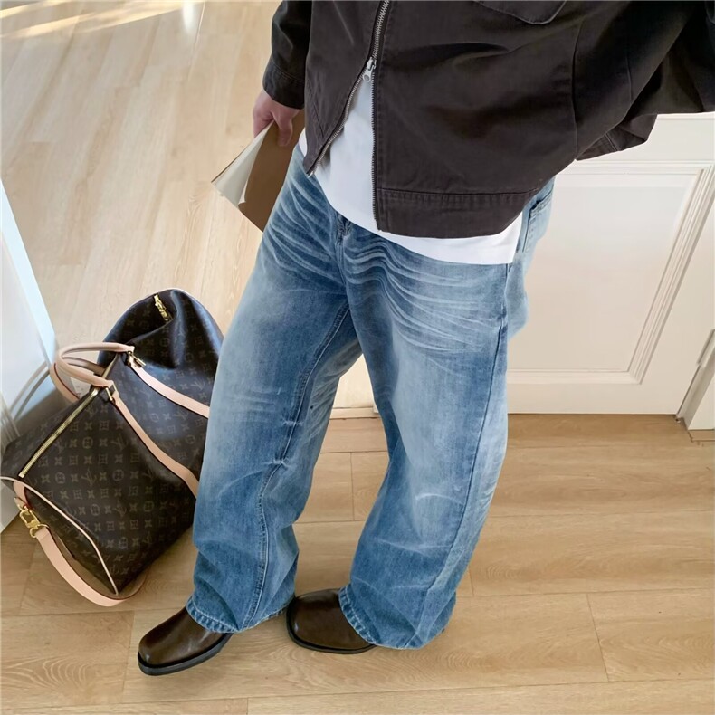 美式复古水洗折痕磨白阔腿牛仔裤宽松直筒拖地裤子K7125-P48网图，女装休闲裤，电商B245