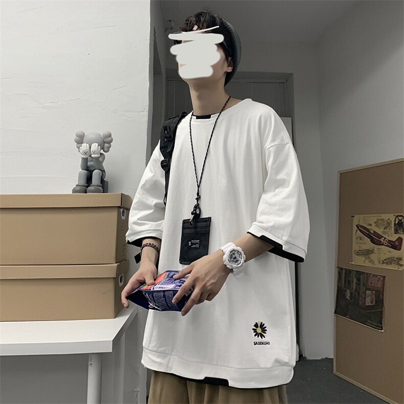 港风T恤宽松假两件刺绣纯色五分短袖棉XZ1213-T1-P30,男装T恤,星座1213