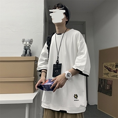 港风T恤宽松假两件刺绣纯色五分短袖棉XZ1213-T1-P30，男装T恤，星座1213