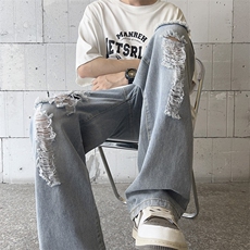 美式复古破洞牛仔裤男夏季高街vibe裤子直筒宽松乞丐裤G2221-P45，男装牛仔裤，星座1008