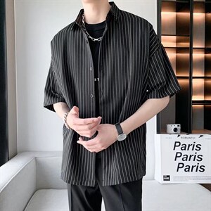 夏季薄款痞帅衬衫男短袖港风日系休闲宽松条纹衬衣男SC27P35图片