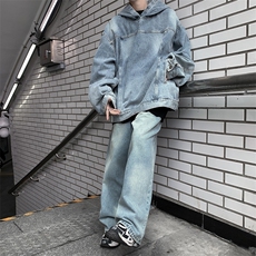 牛仔卫衣套装男秋季复古工装休闲夹克ins潮牌上衣TZ10-P110，男装休闲套装，星座308B-1
