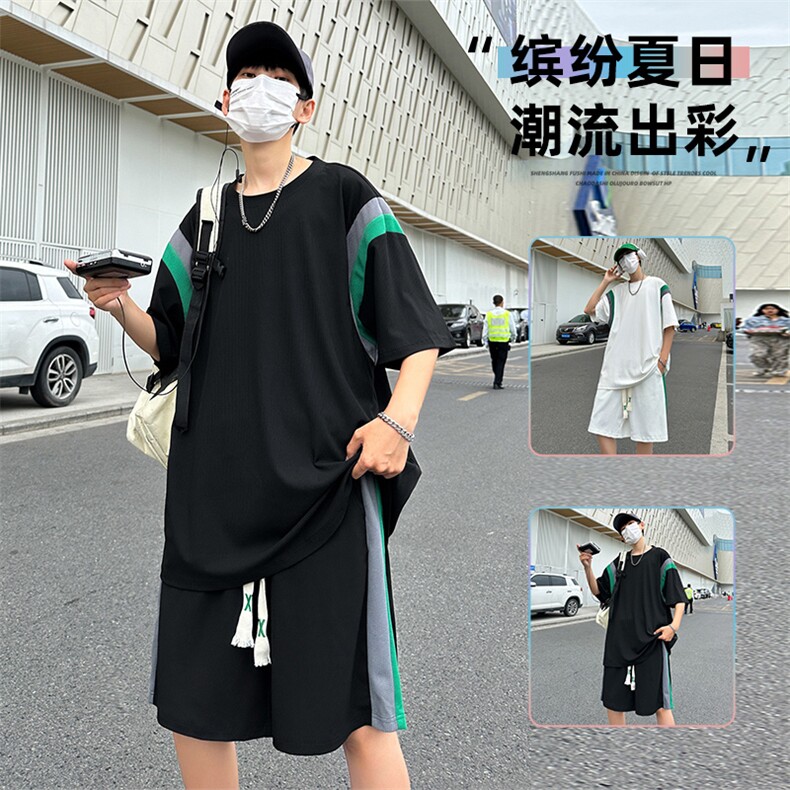 现货主推大码港风情侣冰丝防晒日系短袖五分裤休闲运动套装S16P50图片