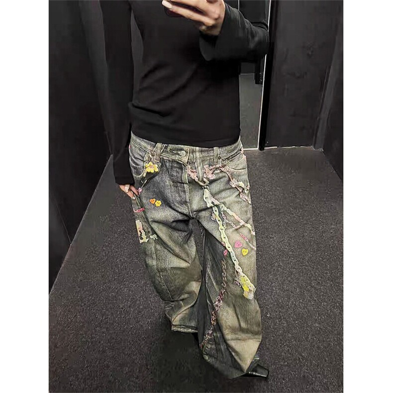 有货实体品质203-6F2557P98~AC风格美式高街3D打印阔腿牛仔裤,男装牛仔裤,星座203-6(原电商259)