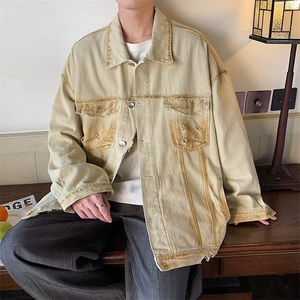 工装牛仔外套新款设计感小众破洞夹克潮牌潮流宽松痞帅WT2288p75,春季穿风衣里面搭配什么图片