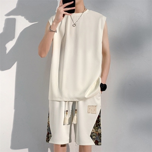 男士夏季背心一套休闲运动套装刺绣短两件套拼接A266-TZ3307-P43图片