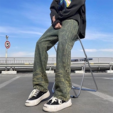 美式高街复古重工做旧牛仔裤男拼接直筒阔腿长裤Y9124-P52，男装牛仔裤，星座1109-3