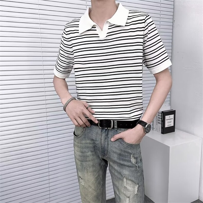 条纹标准2024夏季原宿气质新款短袖青春流行潮流男POLO衫 TM24图片