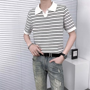 条纹标准2024夏季原宿气质新款短袖青春流行潮流男POLO衫 TM24图片