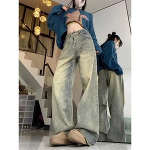 加绒加厚黄泥染毛边牛仔裤女冬季直筒宽松百搭显瘦阔腿裤子ins潮图片