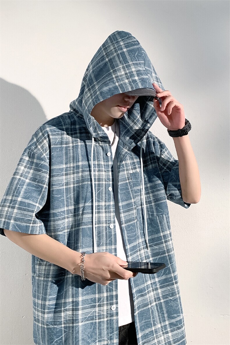 特批P32无差价夏季小众设计感格子连帽短袖衬衫男宽松外套CD5478,男装衬衫,电商A001-1