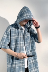 特批P32无差价夏季小众设计感格子连帽短袖衬衫男宽松外套CD5478，男装衬衫，电商A001-1