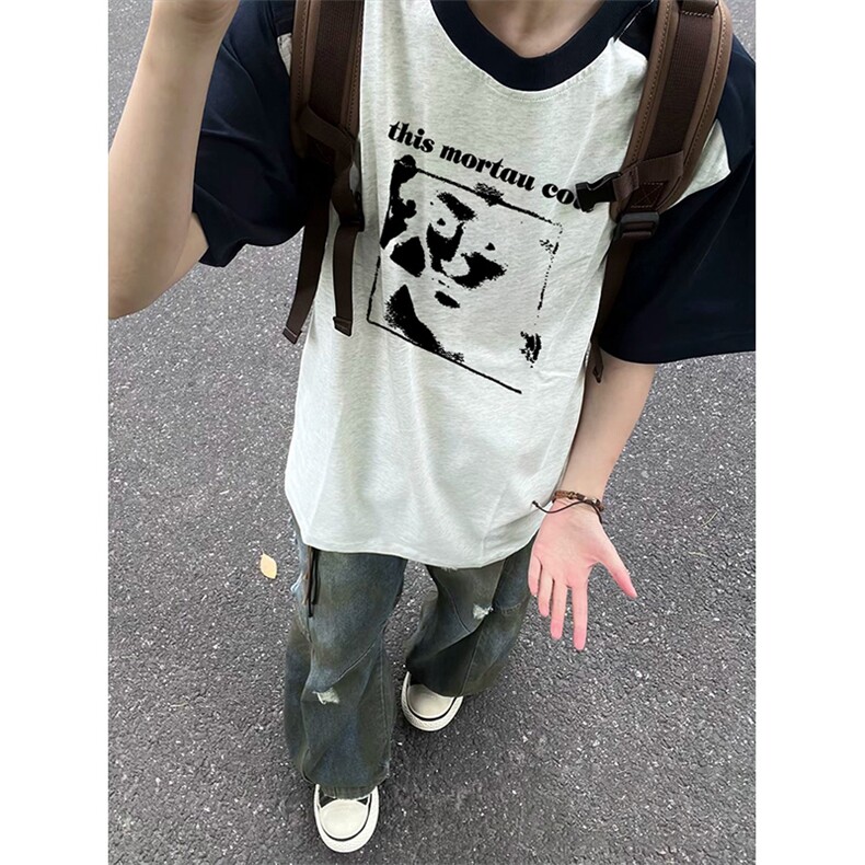 抖音得物高品质二开240克宽松纯棉美式潮牌插肩袖拼接短袖T恤图片