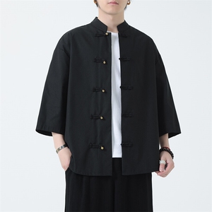 风夏季新款亚麻五分袖衬衫男短袖衬衣T952-P60图片