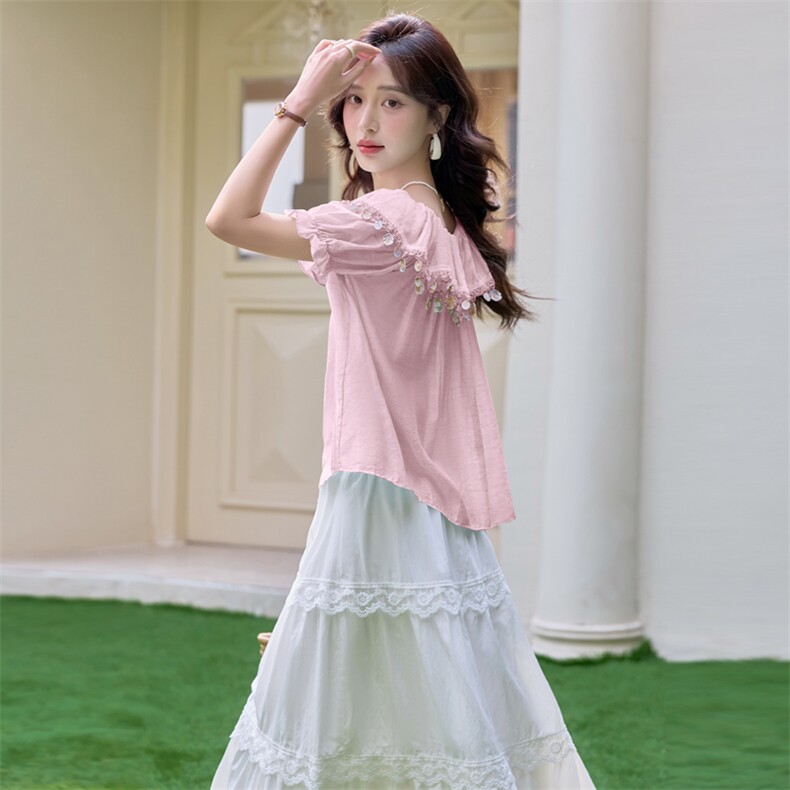 现货重工艺纯色荷叶边一字肩女夏季休闲宽松两件套美静678P135，女装套装/套裙，美静678