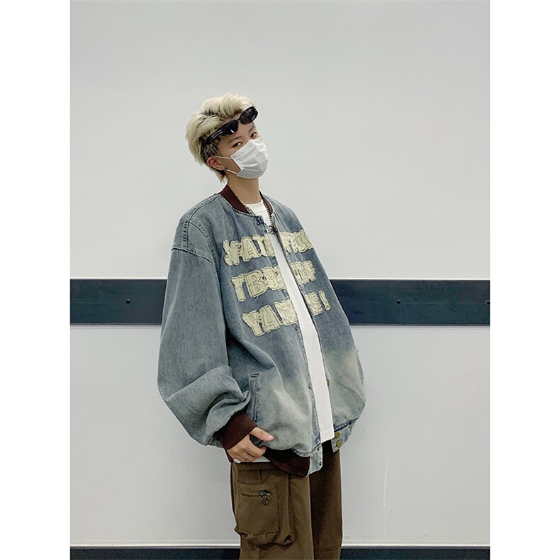 潮牌复古字母贴布棒球服牛仔外套春秋季新款休闲时尚夹克外套,男装夹克,星座410-7