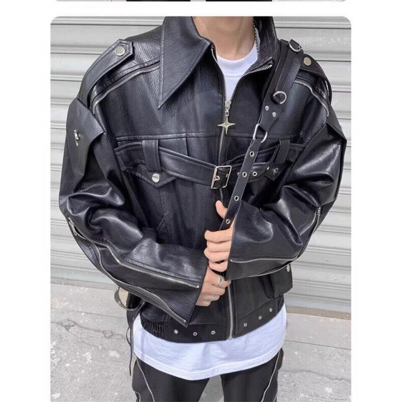 美式潮牌小众重工解构pu皮衣夹克外套男金属设计感高级感机车服男图片