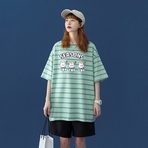 中性 夏季条纹撞色印花卡通图案圆领情侣短袖T恤 T864 P35控48,T恤,A247A