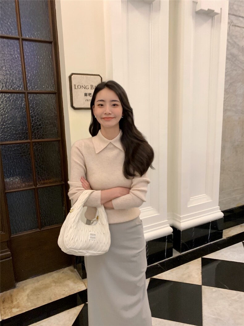 秋冬新款polo领女修身套头纯色上衣针织衫,针织衫/毛衣,玛卡隆羊绒