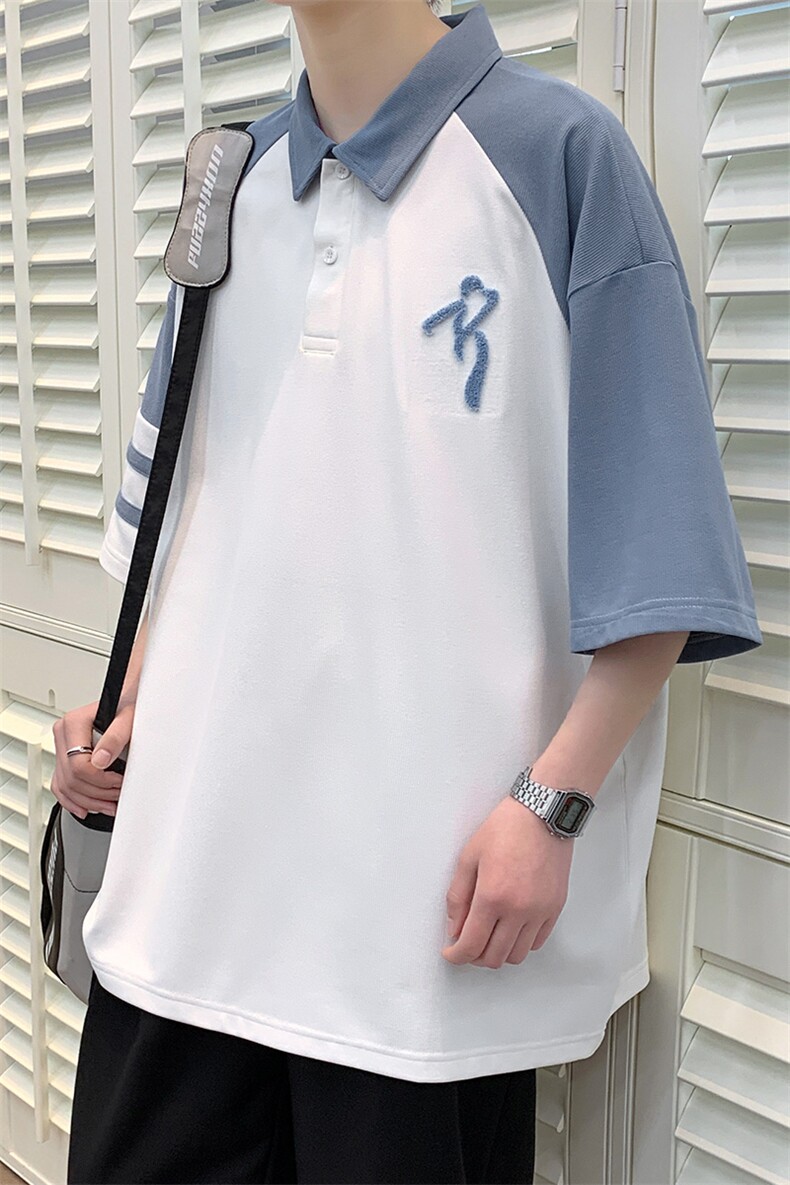 夏上新学生刺绣翻领短袖T恤男女同款时尚拼接半袖625-P35控价58,男装T恤,电商A441-1