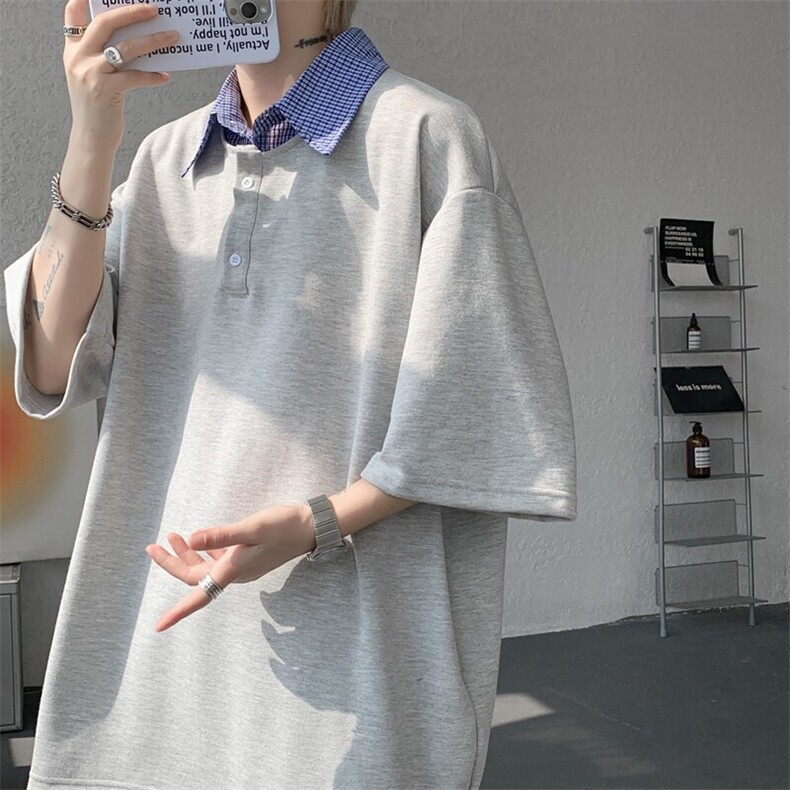 8XL-M格纹拼接假两件短袖t恤大码美式重磅polo翻领半袖DX1218/P48图片