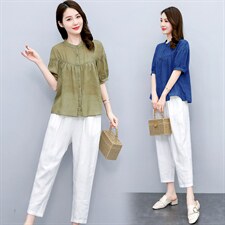 高端苎麻套装女装复古亚麻上衣2025新款夏季时尚休闲棉麻两件套裤图片