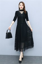 2023秋季半高领镂空线衣配蕾丝长款打底连衣裙，女装连衣裙，安之芮娜