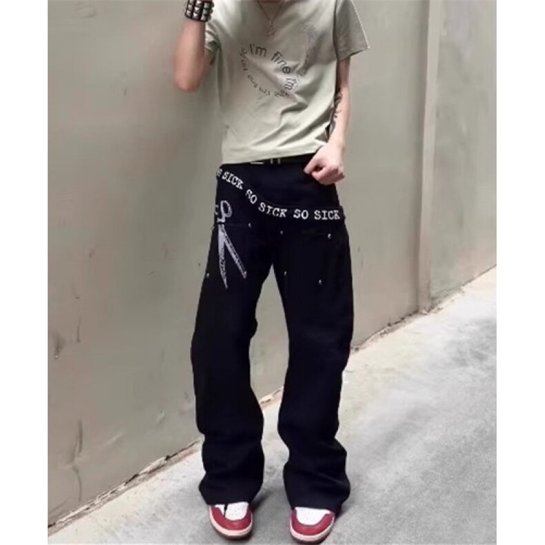 裁剪标语字母廓形拼接弯刀牛仔裤男女黑色宽松裤子N011,男装牛仔裤,星座1116A（原606A-3）