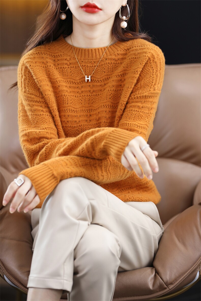 时尚百搭女士圆领镂空羊毛衫羊毛保暖显瘦毛衣,女装羊毛衫,暮绒羊羊绒