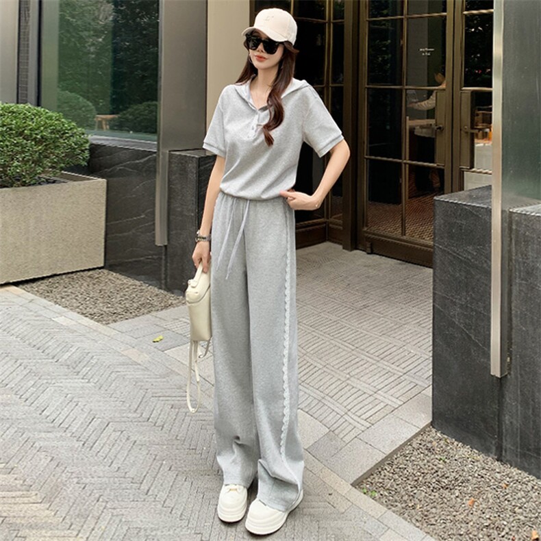盐系高级感时尚气质套装女夏季新款蕾丝拼接连帽短袖阔腿裤两件套,女装套装/套裙,江南