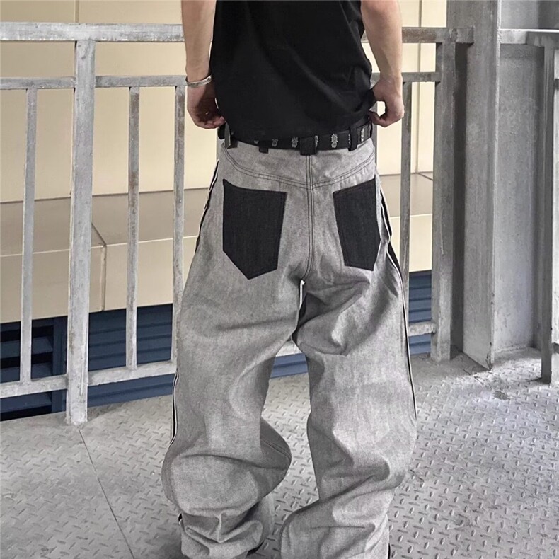 设计感美式复古仿反穿裁剪牛仔裤男秋翻面明线阔腿裤AM7067P51,男装牛仔裤,星座1013-5