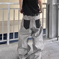 设计感美式复古仿反穿裁剪牛仔裤男秋翻面明线阔腿裤AM7067P51，男装牛仔裤，星座1013-5