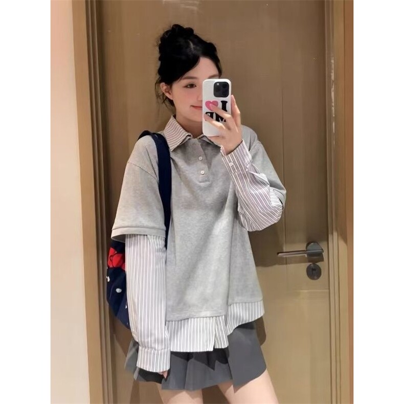 假两件polo衬衫领长袖尚休闲潮牌卫衣男女,男装衬衫,四季星座505