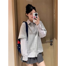 假两件polo衬衫领长袖尚休闲潮牌卫衣男女，男装衬衫，四季星座505