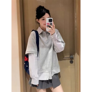 假两件polo衬衫领长袖尚休闲潮牌卫衣男女图片
