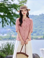 时尚洋气刺绣棉麻套装女2026夏季新款宽松遮肉显瘦阔腿裤两件套，女装套装/套裙，魅影