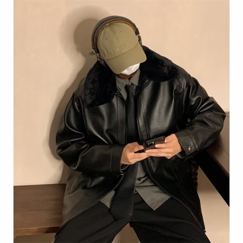 冬季潮皮衣男翻领潮流纯色新款休闲加绒毛领皮衣JK10P80图片