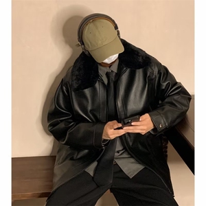 冬季潮皮衣男翻领潮流纯色新款休闲加绒毛领皮衣JK10P80图片