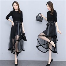 现货2022春秋冬打底季新款收腰显瘦法式针织拼接网纱打底连衣裙女，女装连衣裙，然然