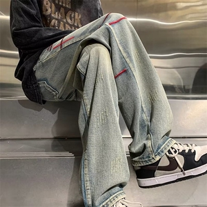 刺绣牛仔裤男女秋冬高街ins宽松阔腿裤美式情侣直筒裤NK2430-P43图片