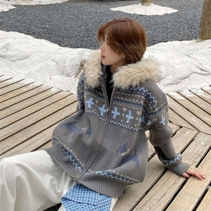 重磅北极绒座山雕毛衣外套冬美式复古休闲慵懒风大毛毛领针织开衫图片
