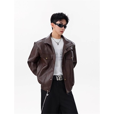 美式pu短款皮衣外套男女秋季cleanfit翻领工装飞行夹克情侣机车服，男装夹克，四季星座505